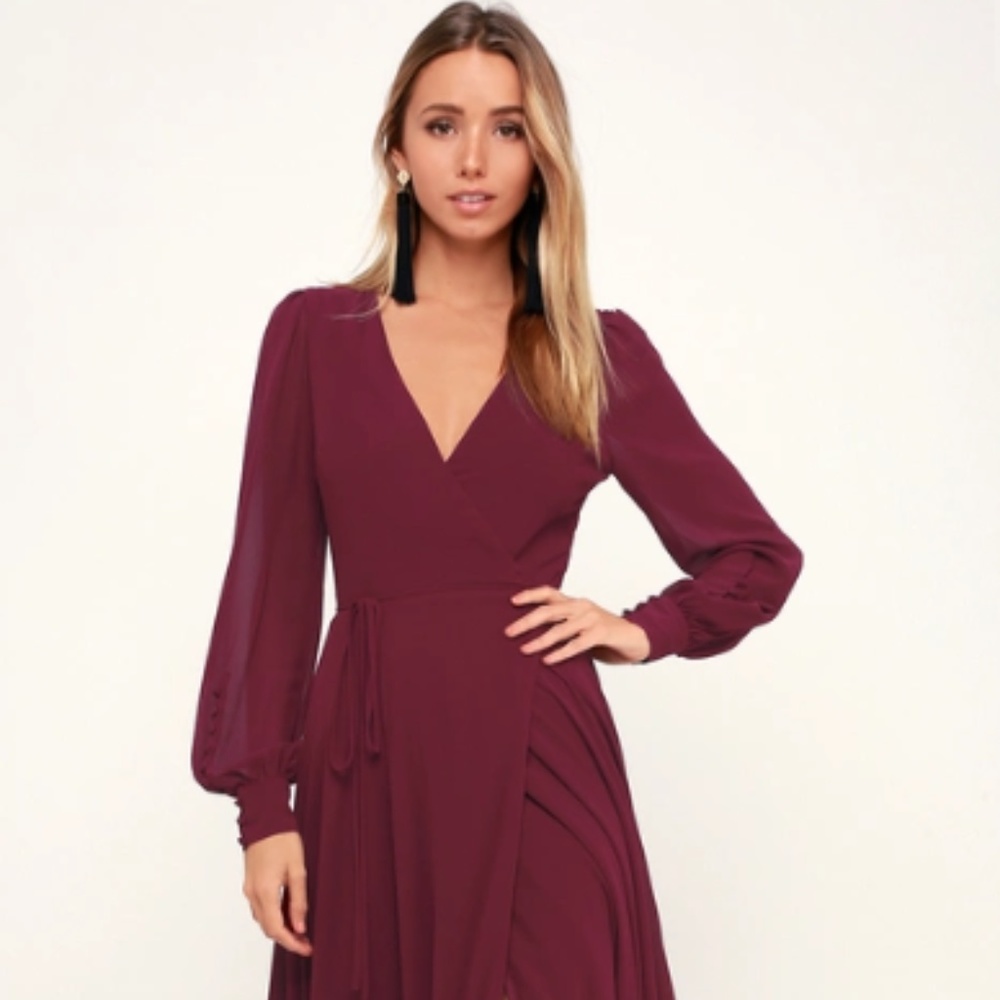 MY WHOLE HEART BURGUNDY LONG SLEEVE WRAP DRESS